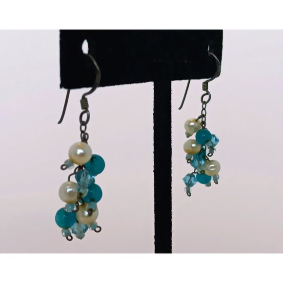 Sterling Silver Chalcedony & Pearl Cluster Dangle Earrings 1.5 in - Picture 12 of 13